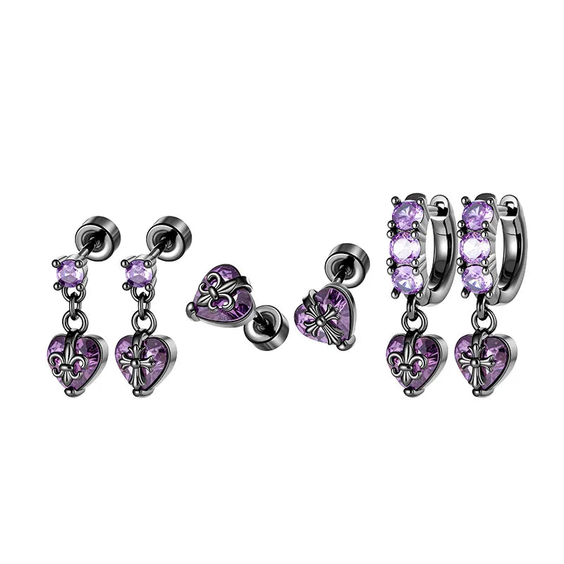 Unisex Heart Shape Copper Ear Cartilage Rings & Studs with Claw Setting and Purple Zircon Inlay