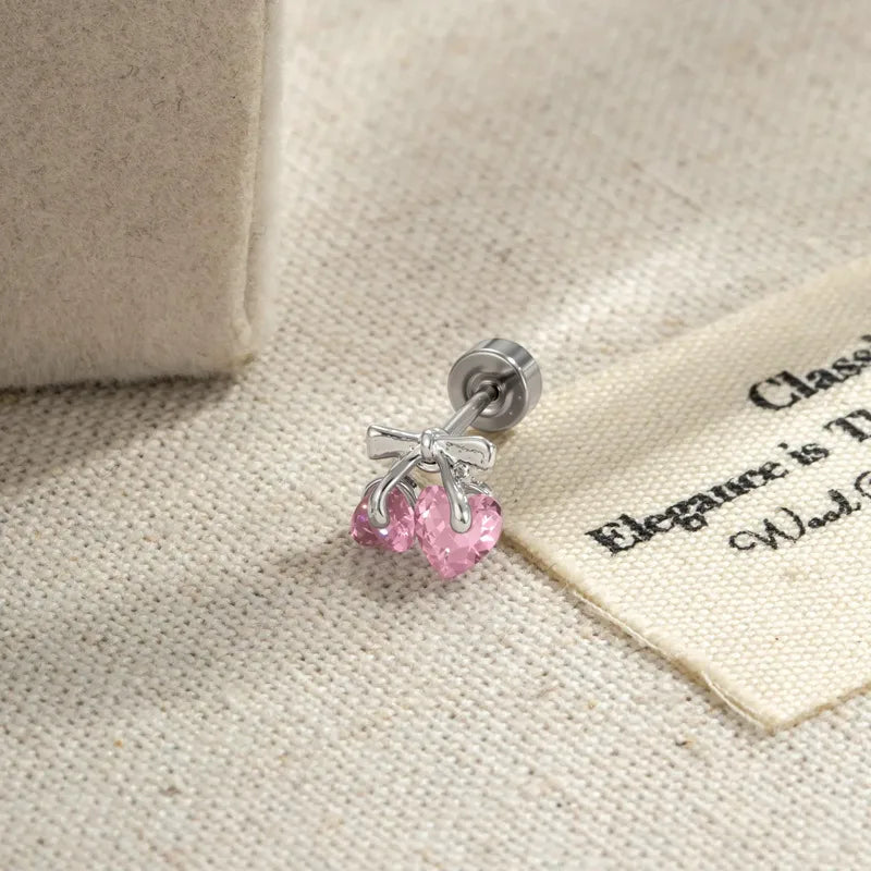 Sweet Cherry Copper Ear Cartilage Rings & Studs for Women with Zircon Inlay in Natural Pink