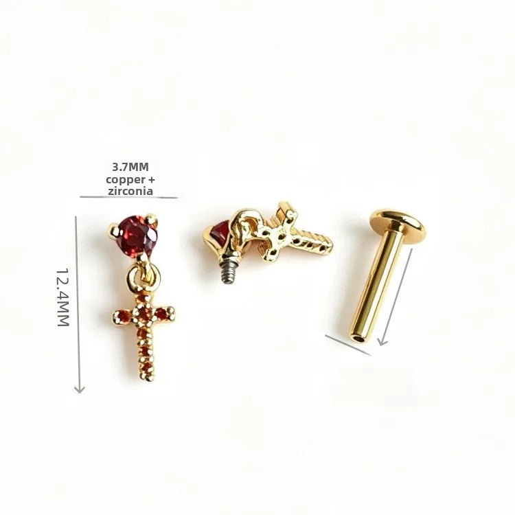 Unisex Cross Lip Ring in 316 Stainless Steel with Zircon Inlay, Available in Gold