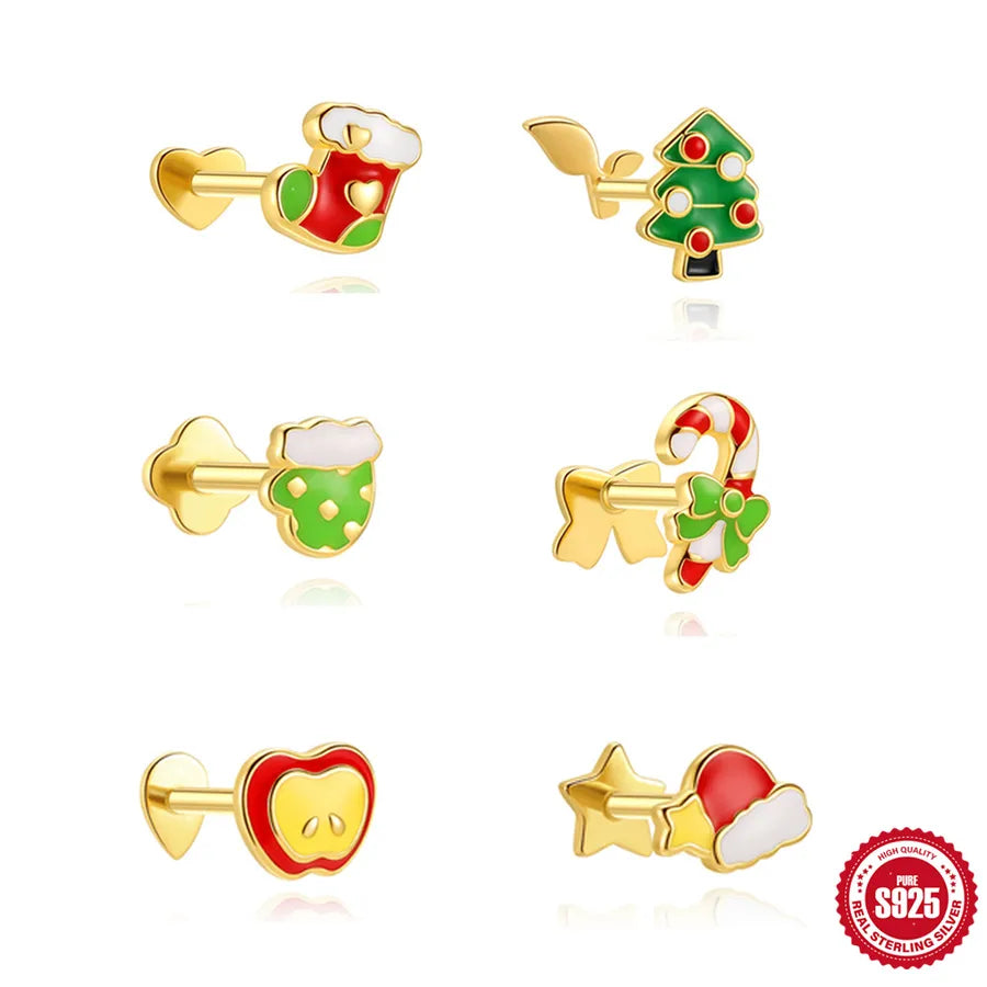 Unisex Christmas Tree Ear Cartilage Rings & Studs Featuring Enamel and Zircon in 925 Sterling Silver