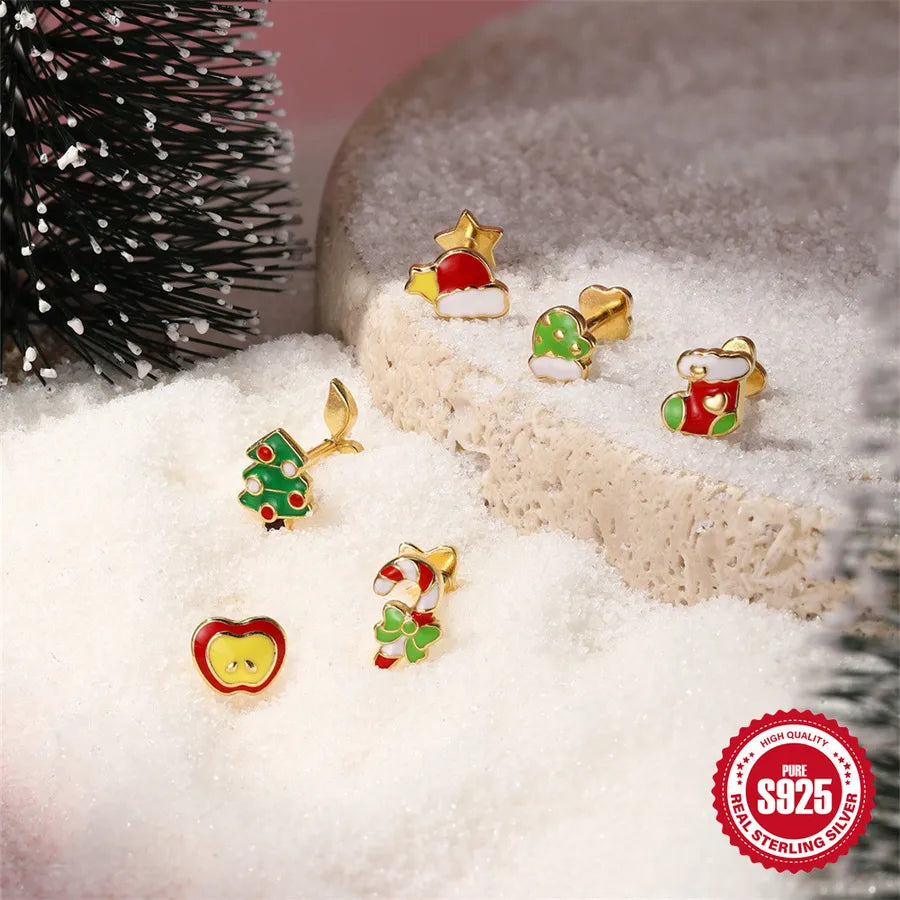 Unisex Christmas Tree Ear Cartilage Rings & Studs Featuring Enamel and Zircon in 925 Sterling Silver