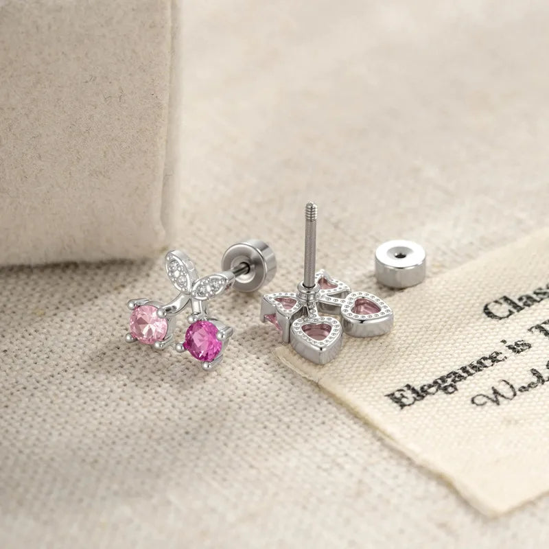 Sweet Cherry Copper Ear Cartilage Rings & Studs for Women with Zircon Inlay in Natural Pink
