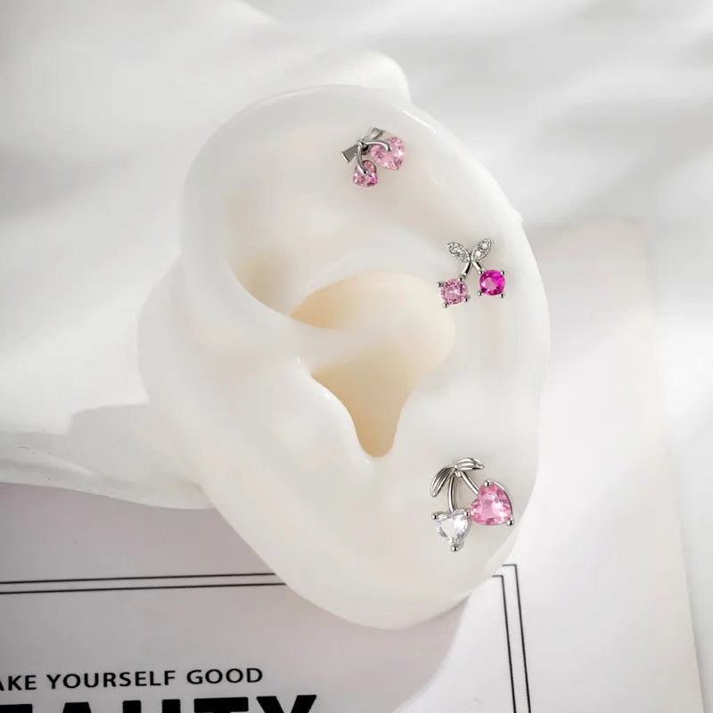 Sweet Cherry Copper Ear Cartilage Rings & Studs for Women with Zircon Inlay in Natural Pink