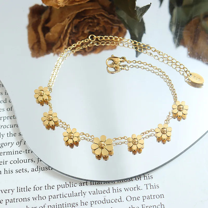 French Style Flower 304 Stainless Steel 18K Gold Plated Bracelets In Bulk
