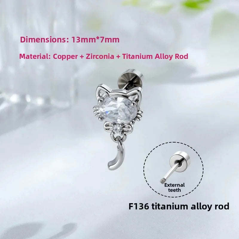 Sweet Unisex Cat Ear Cartilage Rings & Studs in White Titanium Alloy with Zircon Inlay