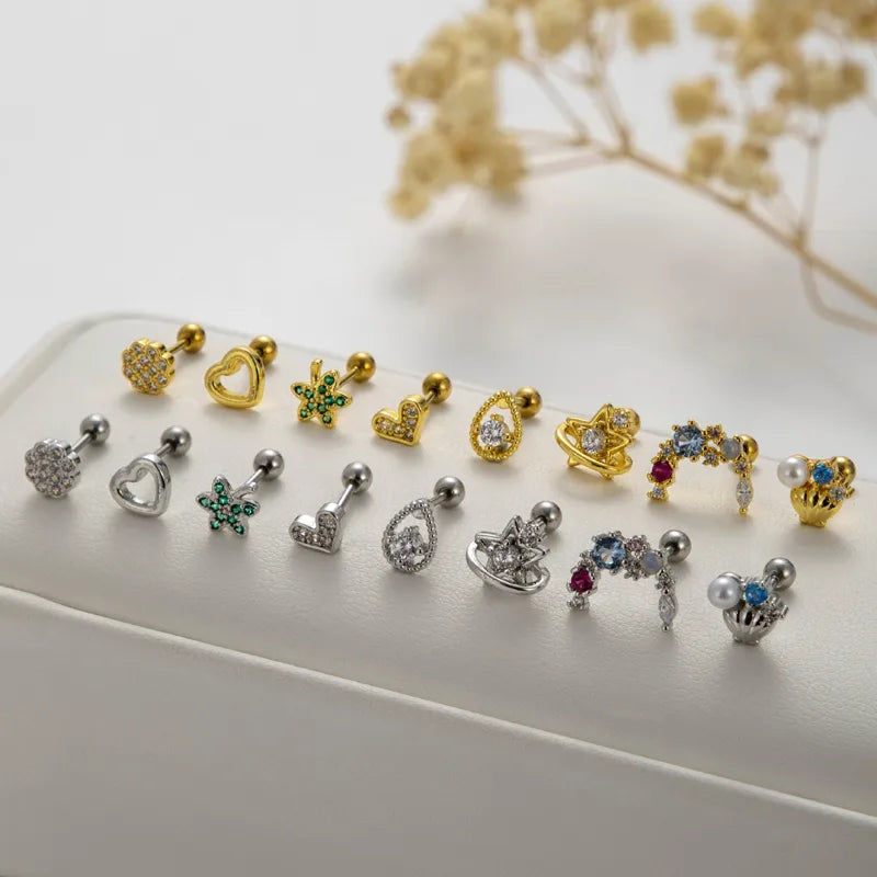 1 Piece Ear Cartilage Rings & Studs Vintage Style French Style Simple Style Leaves Water Droplets Heart Shape 316L Stainless Steel  Copper Plating Inlay Pearl Zircon
