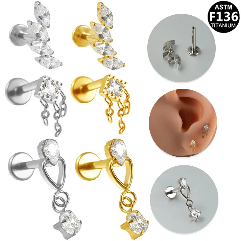 1 Piece Ear Cartilage Rings & Studs Japanese Style Classic Style Artistic Irregular Rhombus Pure Titanium Titanium Alloy Plating Zircon 14K Gold Plated White Gold Plated