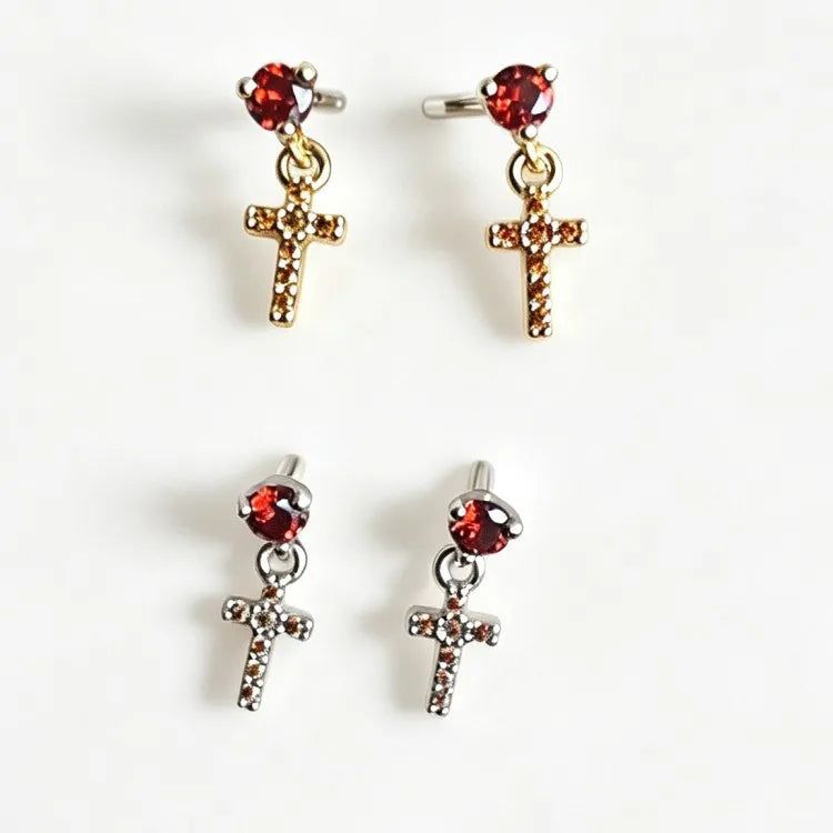 Unisex Cross Lip Ring in 316 Stainless Steel with Zircon Inlay, Available in Gold