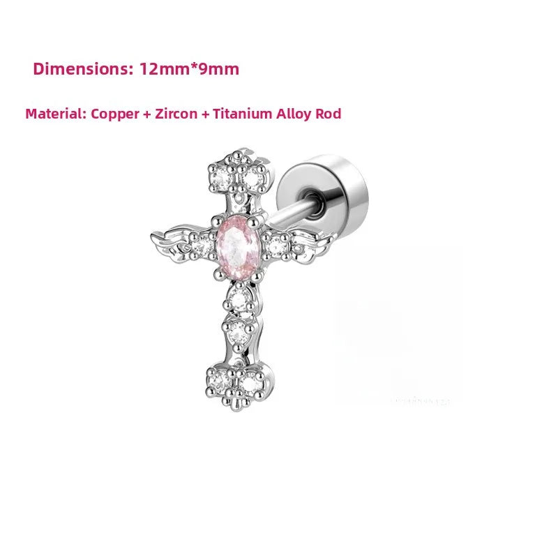 Gothic Unisex Copper Cross Ear Cartilage Rings & Studs with White Zircon Inlay