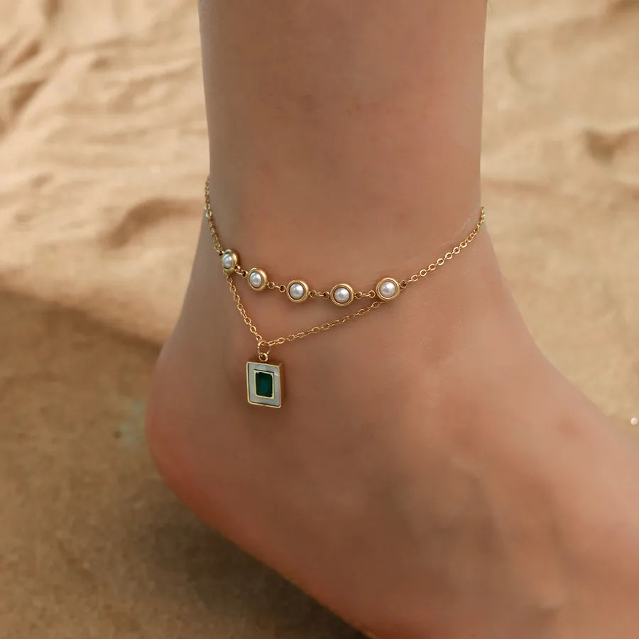 Hawaiian Tropical Solid Color 304 Stainless Steel Plating Inlay Shell 18K Gold Plated Women's Anklet