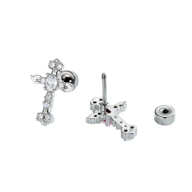 Gothic Unisex Copper Cross Ear Cartilage Rings & Studs with White Zircon Inlay