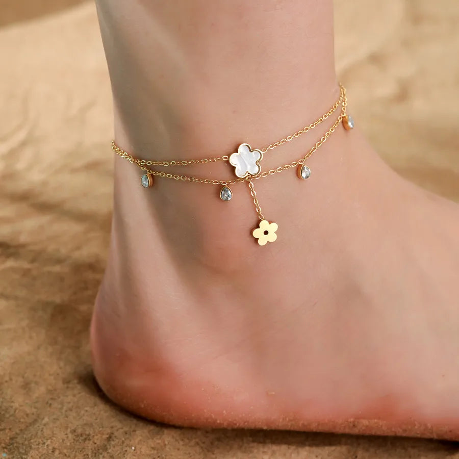 Hawaiian Tropical Solid Color 304 Stainless Steel Plating Inlay Shell 18K Gold Plated Women's Anklet
