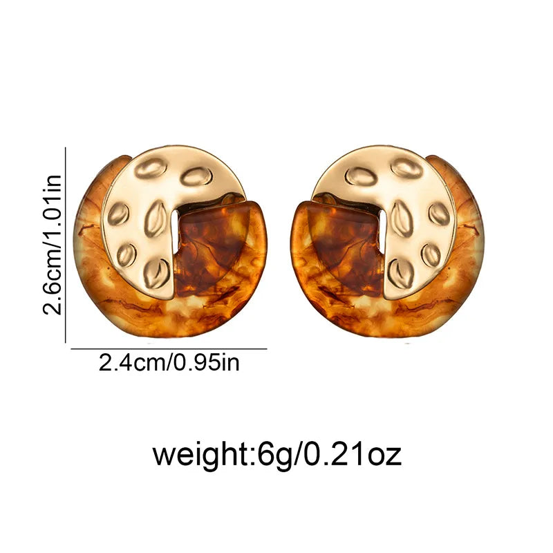 Round Hammered Stud Earrings for Women in Dyed Black Titanium Steel with Amber Inlay