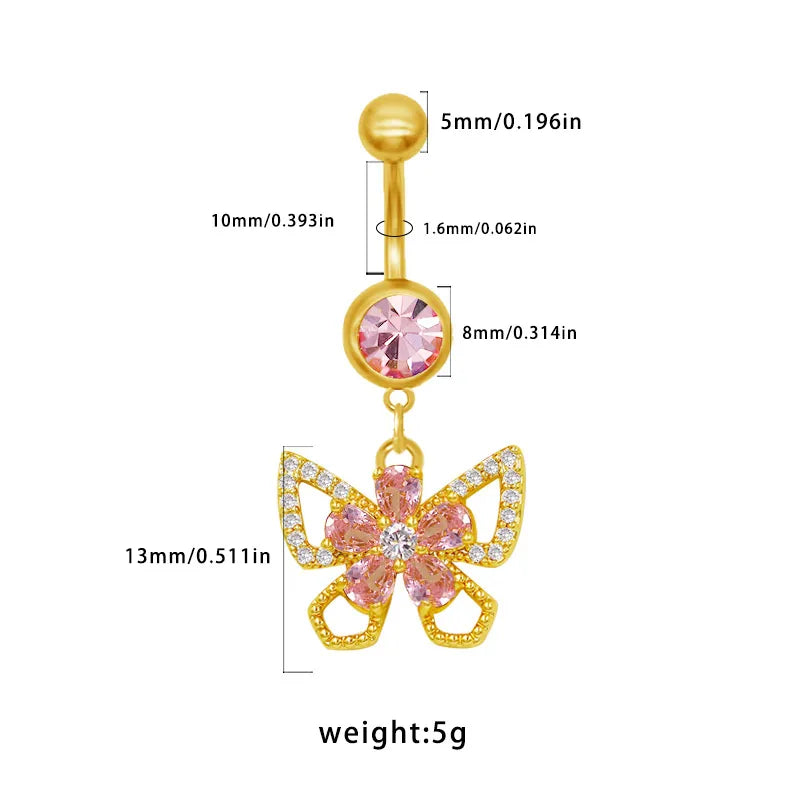 1 Piece Belly Rings Elegant Sexy Classic Style Sun Heart Shape Butterfly 316L Stainless Steel  Alloy Inlay Resin Rhinestones Glass Gold Plated