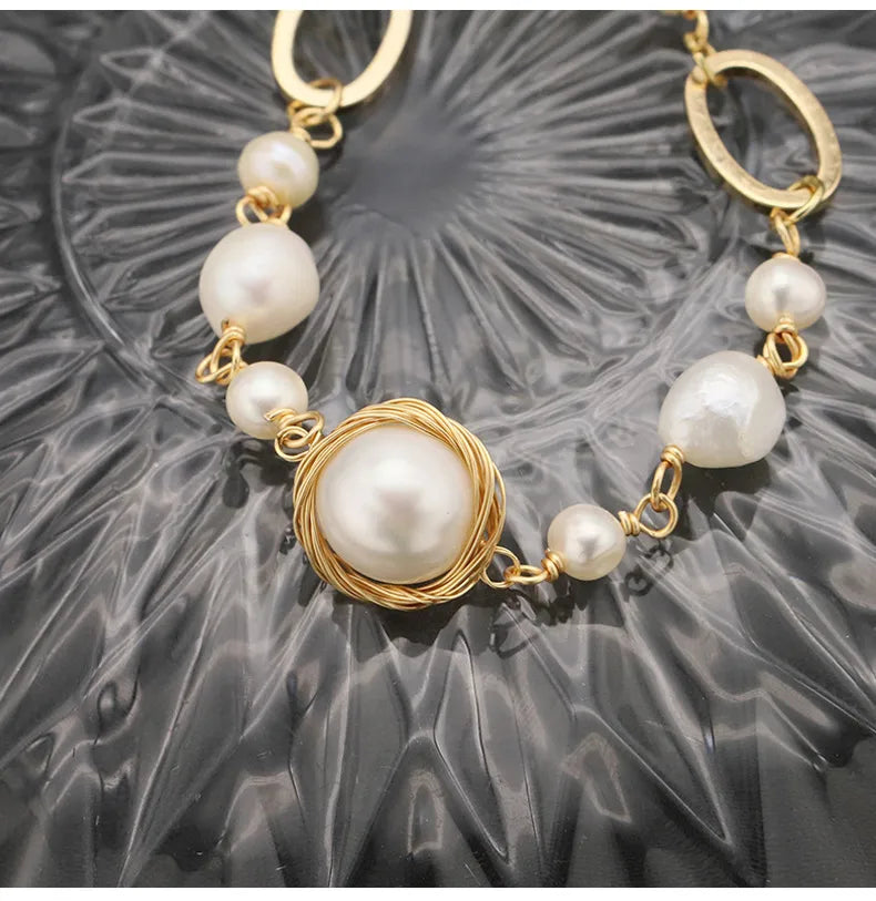 retro geometric freshwater pearl plating 18k gold plated bracelets