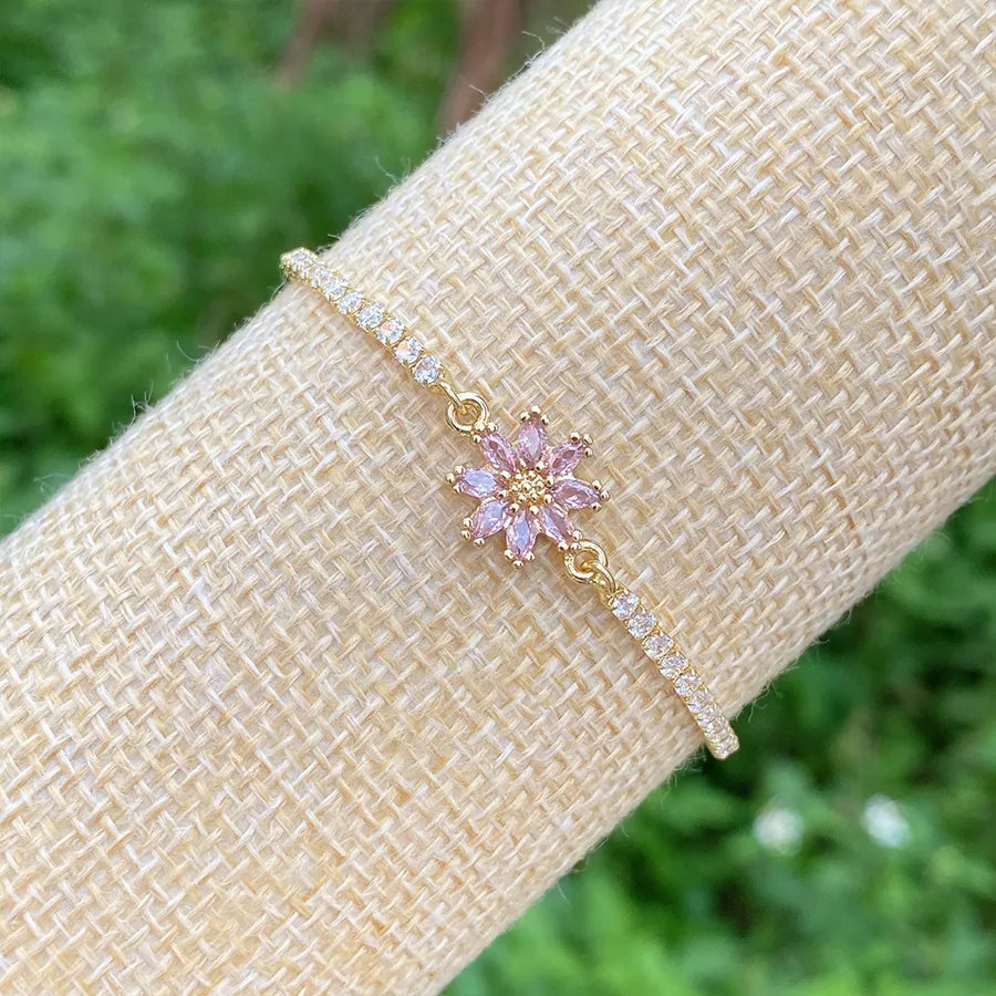 elegant cute shiny flower copper plating inlay zircon 18k gold plated bracelets