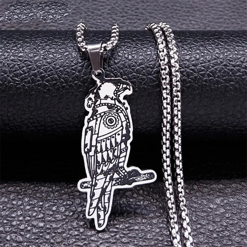 Silver Stainless Steel Mechanical Eagle Necklace Hip Hop Steam Punk Themed Animal Design Unisex Polished Cut Jewelry Accessory