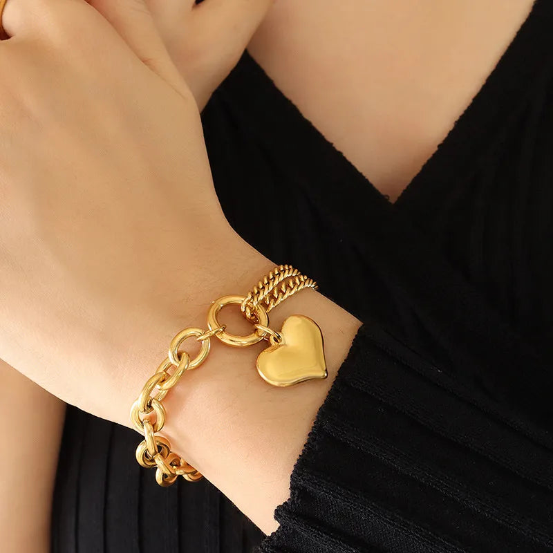 Fashion Heart Shape Titanium Steel 18K Gold Plated Bracelets In Bulk