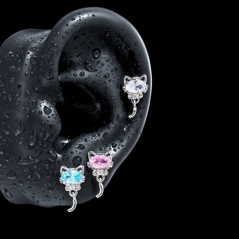 Sweet Unisex Cat Ear Cartilage Rings & Studs in White Titanium Alloy with Zircon Inlay