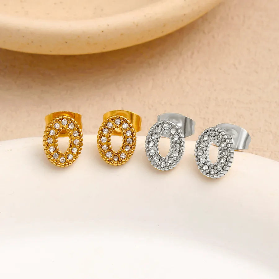 Oval Gold Stud Earrings For Women Featuring Titanium Steel With 304 Stainless Steel Ear Pins and Rhinestone Inlay