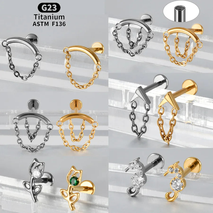 Arc Chain Earrings Titanium White Zircon Sea Horse Electroplated Fashionable Tulip Piercing Inner Tooth Ear Jewelry