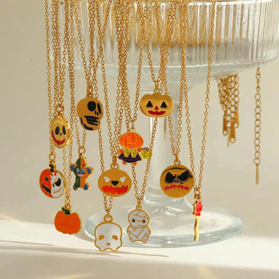 Wholesale Jewelry Hip-Hop Funny Halloween Pattern Pumpkin Skull 304 Stainless Steel 18K Gold Plated Long-Lasting Plated Enamel Plating cable chain Necklace