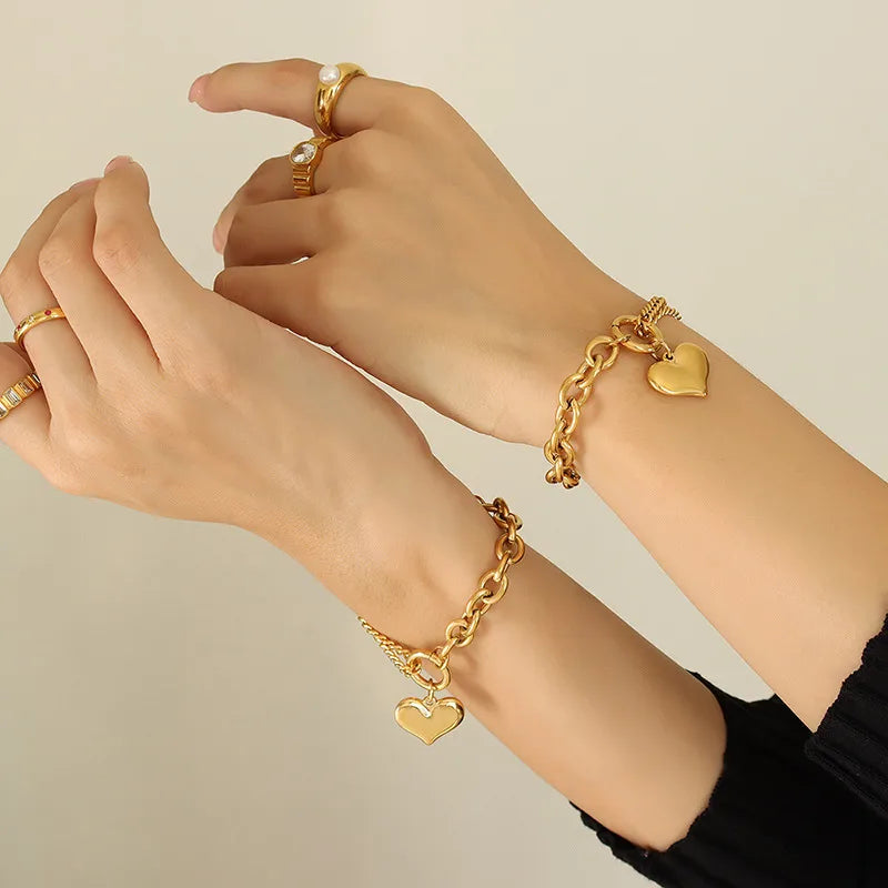 Fashion Heart Shape 304 Stainless Steel 18K Gold Plated Bracelets In Bulk