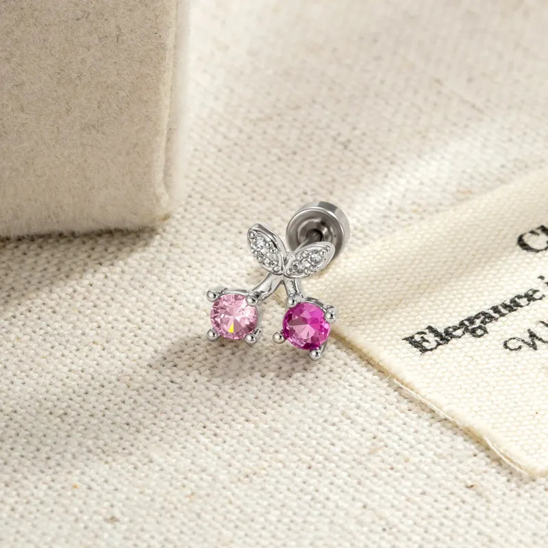 Sweet Cherry Copper Ear Cartilage Rings & Studs for Women with Zircon Inlay in Natural Pink