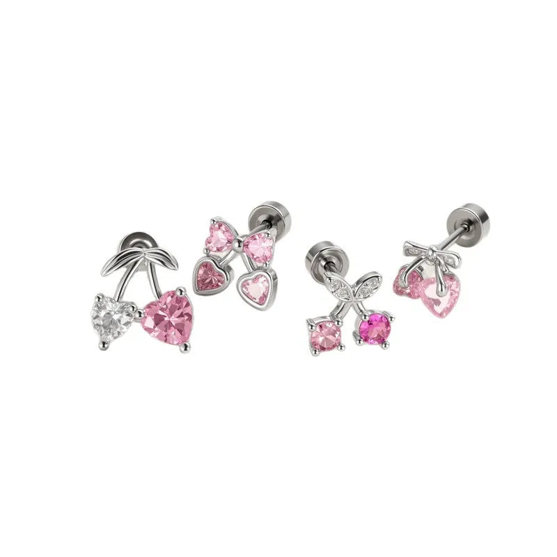 Sweet Cherry Copper Ear Cartilage Rings & Studs for Women with Zircon Inlay in Natural Pink
