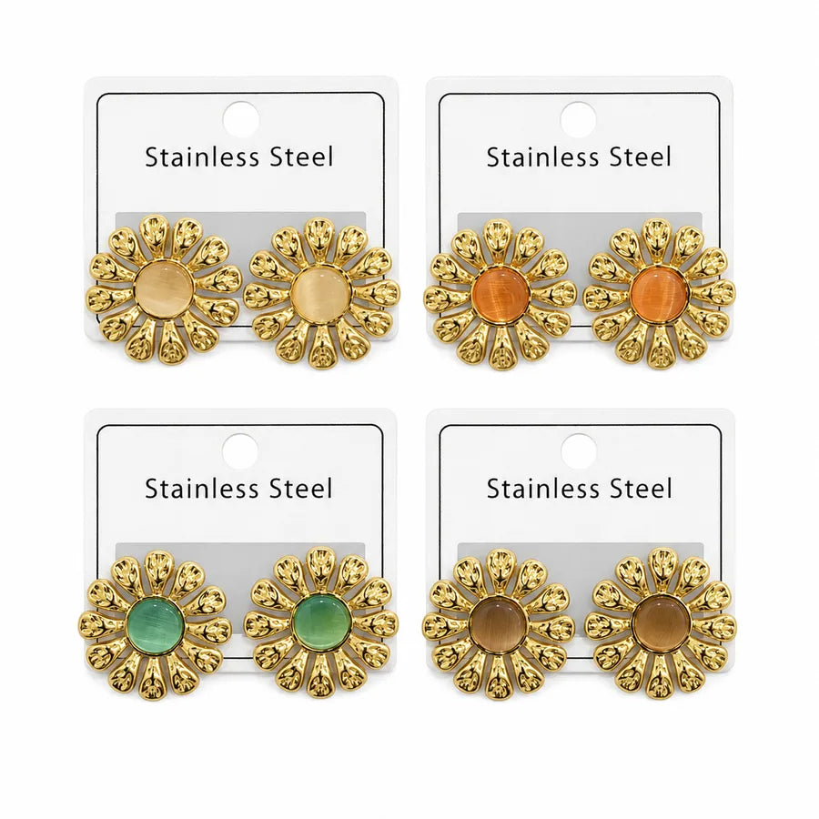 Flowers For Women Light Blue Stud Earrings in Retro Style Featuring 304 Stainless Steel Material