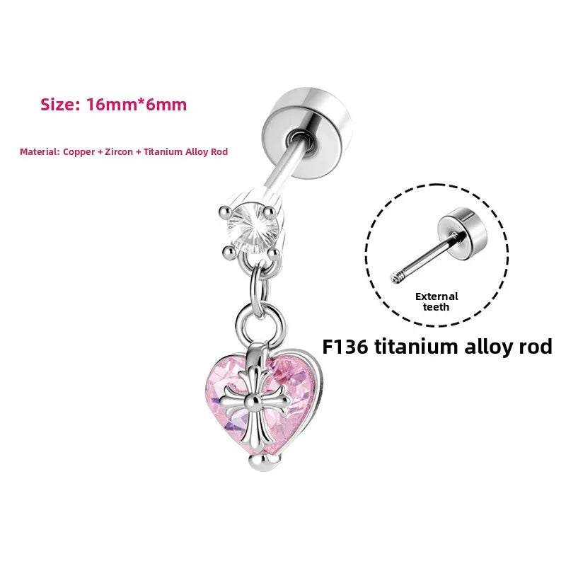Heart Shape Copper Ear Cartilage Rings & Studs with Claw Setting and Zircon Inlay, Gothic Style, Unisex