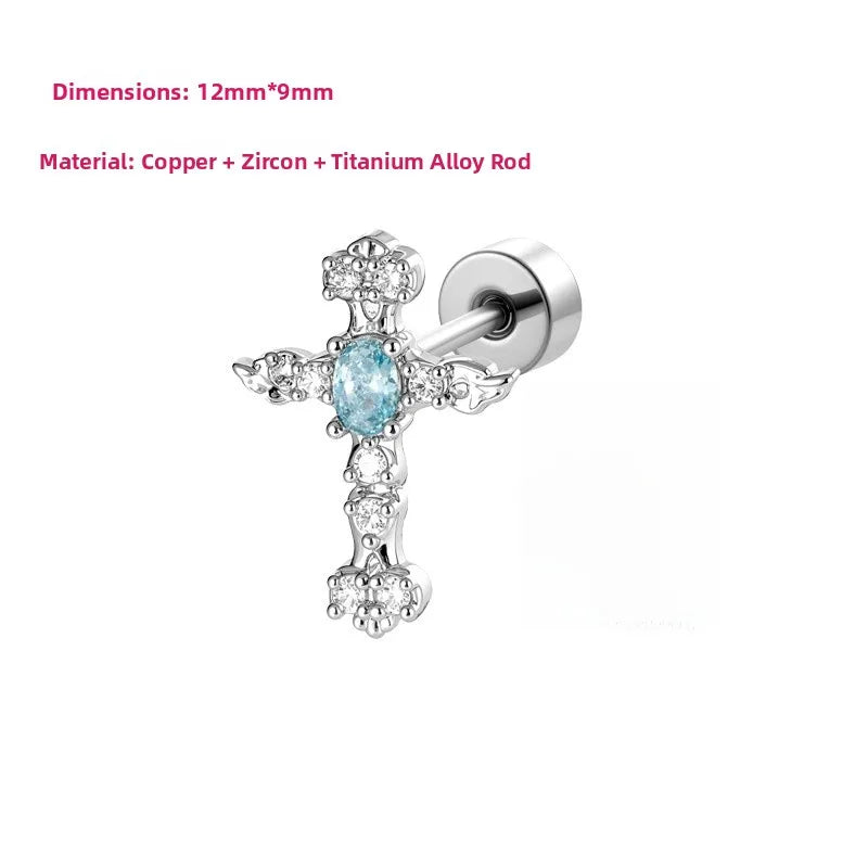 Gothic Unisex Copper Cross Ear Cartilage Rings & Studs with White Zircon Inlay