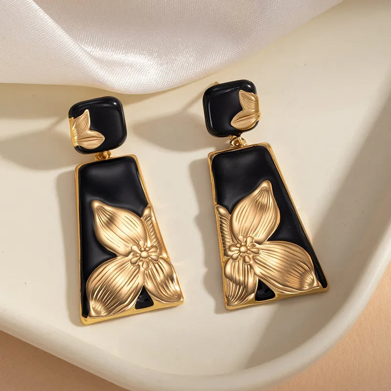 Exaggerated Flowers Stud Earrings for Women in White Titanium Steel with Carving Craft
