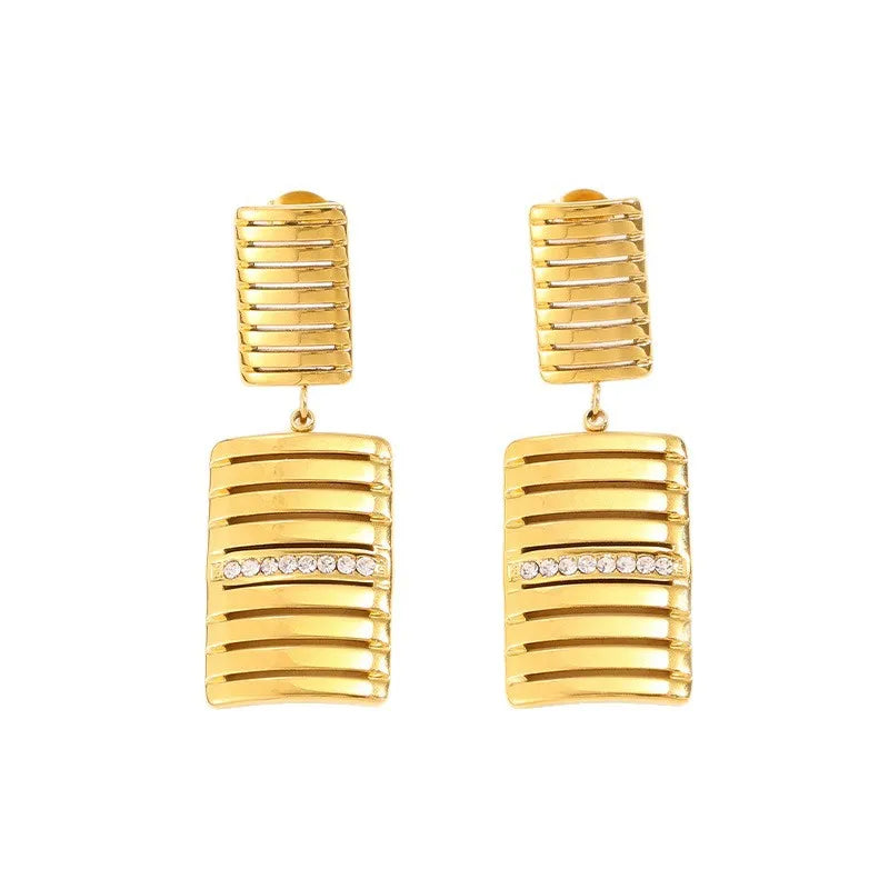 Gold Rectangle Stud Earrings For Women Featuring Titanium Steel and 304 Stainless Steel Posts with Rhinestones Inlay
