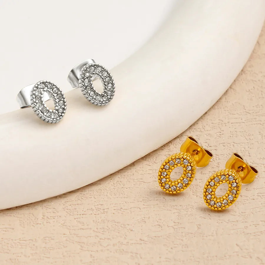 Oval Gold Stud Earrings For Women Featuring Titanium Steel With 304 Stainless Steel Ear Pins and Rhinestone Inlay