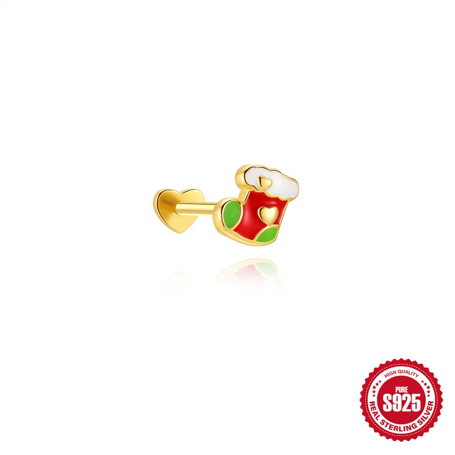 Unisex Christmas Tree Ear Cartilage Rings & Studs Featuring Enamel and Zircon in 925 Sterling Silver