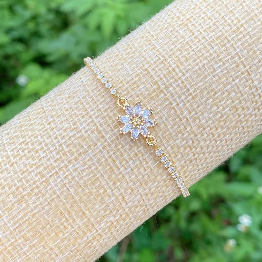 elegant cute shiny flower copper plating inlay zircon 18k gold plated bracelets