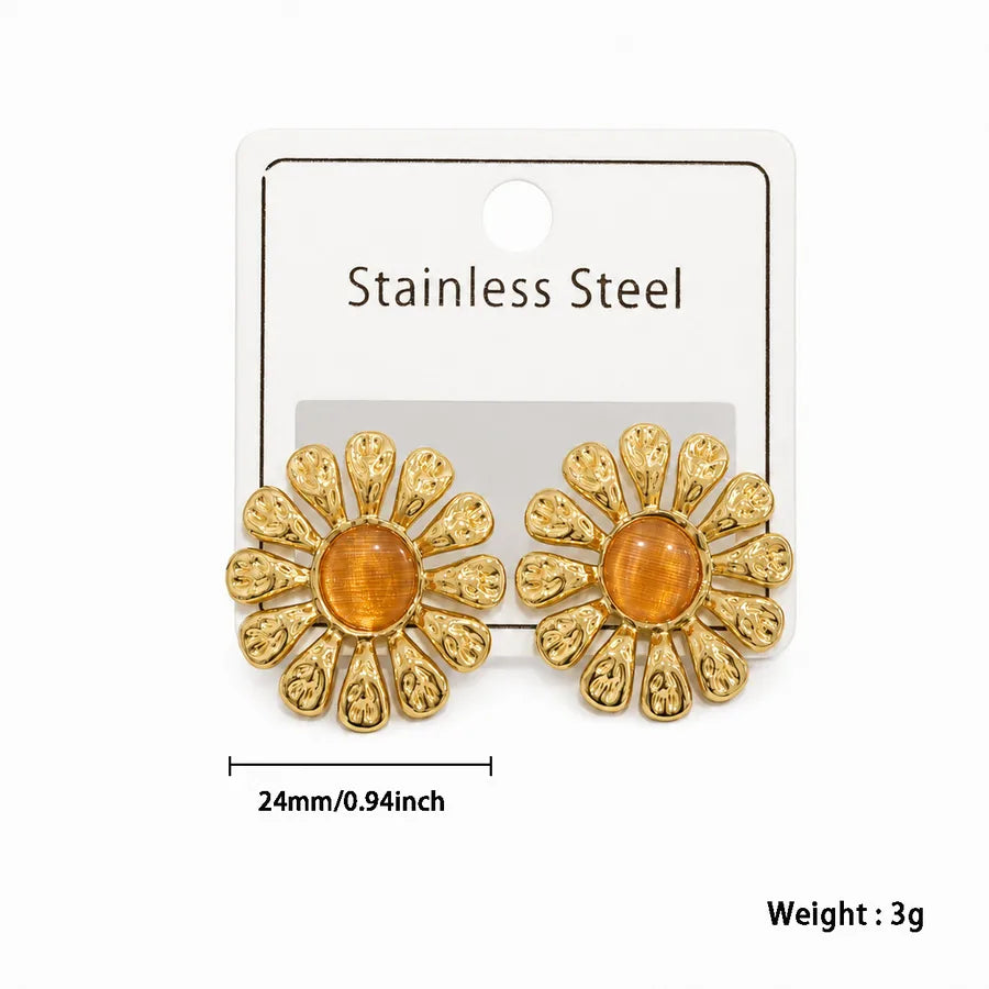 Flowers For Women Light Blue Stud Earrings in Retro Style Featuring 304 Stainless Steel Material