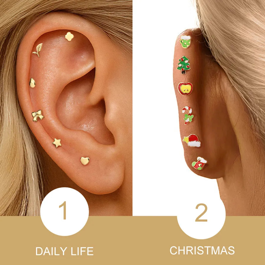 Unisex Christmas Tree Ear Cartilage Rings & Studs Featuring Enamel and Zircon in 925 Sterling Silver