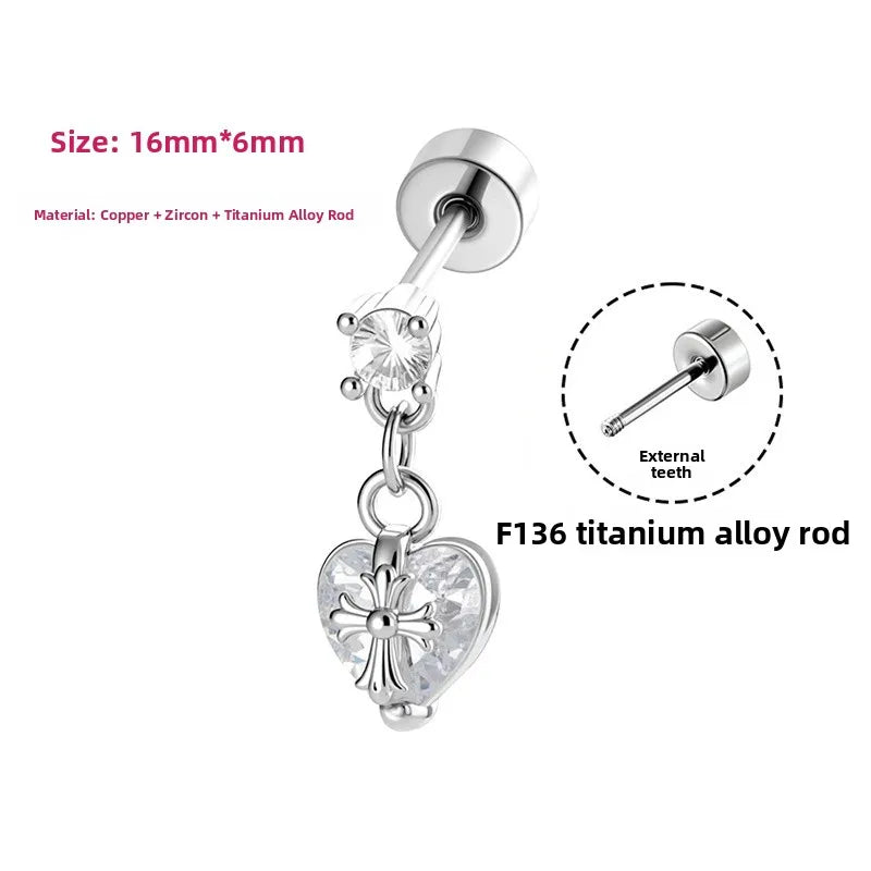 Heart Shape Copper Ear Cartilage Rings & Studs with Claw Setting and Zircon Inlay, Gothic Style, Unisex