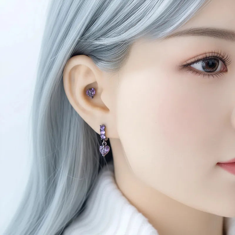 Unisex Heart Shape Copper Ear Cartilage Rings & Studs with Claw Setting and Purple Zircon Inlay