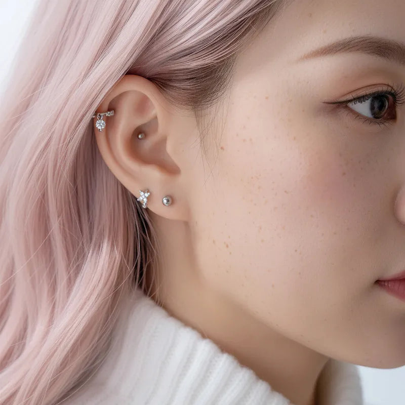 Unisex Copper Flowers Ear Cartilage Rings & Studs with Zircon Inlay, Stylish and Elegant Piercing Jewelry