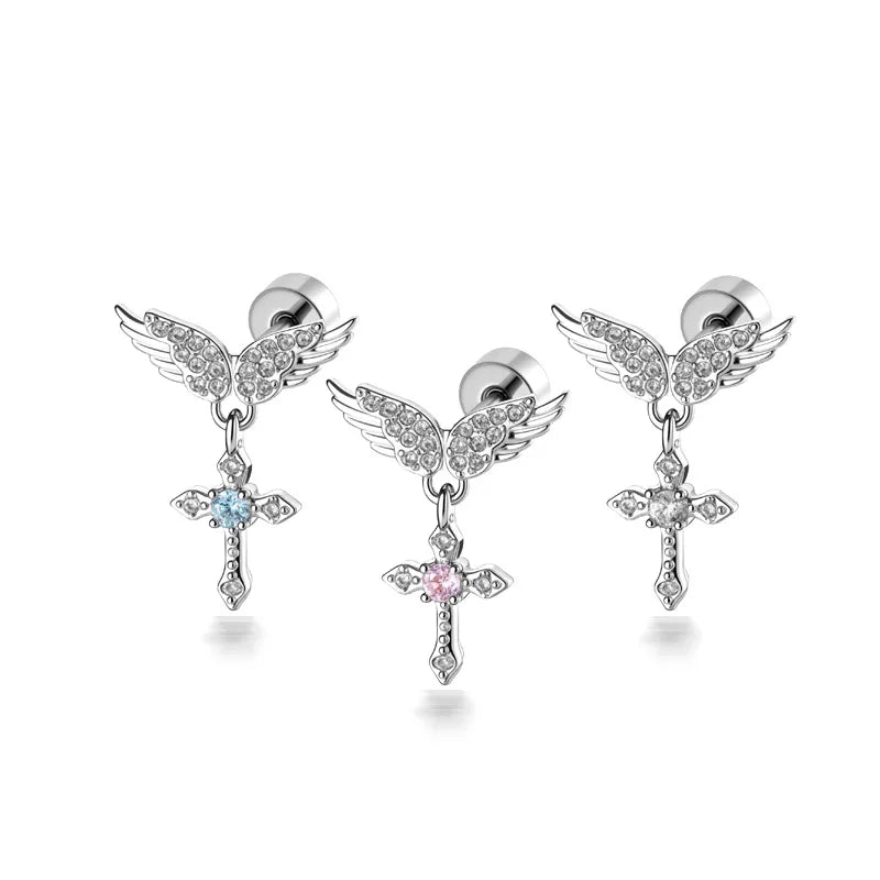 Angel Wings Copper Ear Cartilage Rings & Studs in White,  Unisex Piercing Jewelry