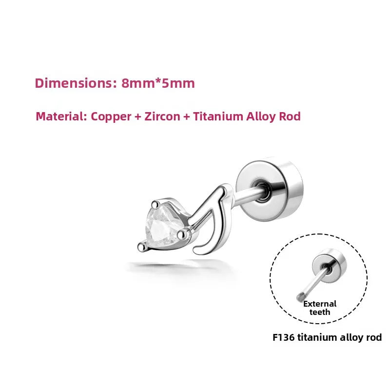 Unisex Heart Shape Copper Ear Cartilage Rings & Studs with Claw Setting and White Zircon Inlay