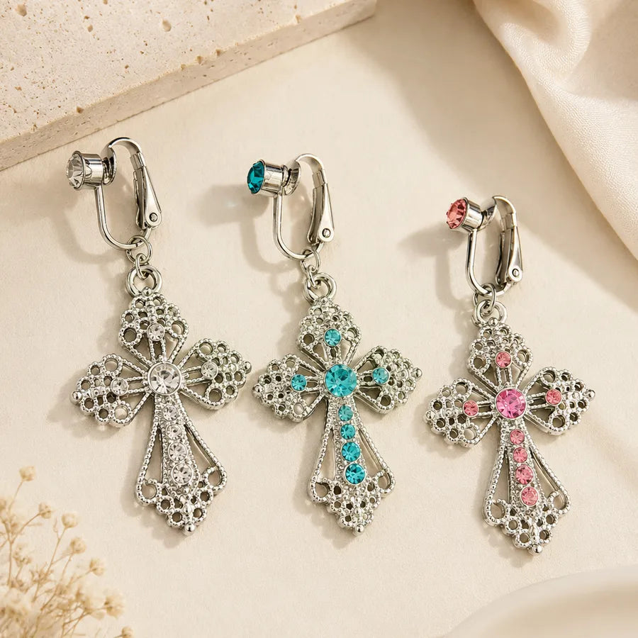 Electroplated White K Plated Alloy Cross Belly Ring with Rhinestones