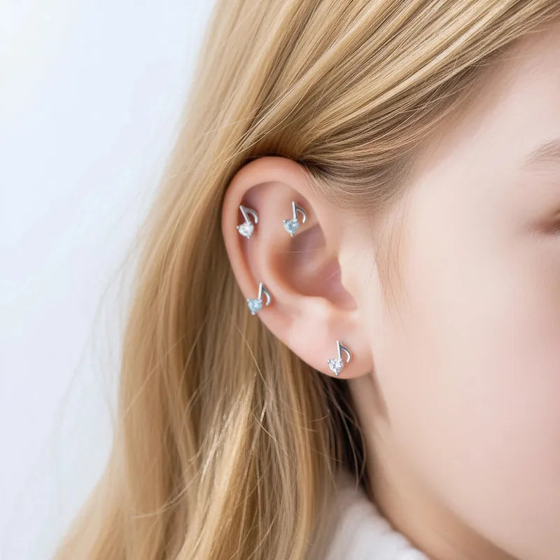 Unisex Heart Shape Copper Ear Cartilage Rings & Studs with Claw Setting and White Zircon Inlay