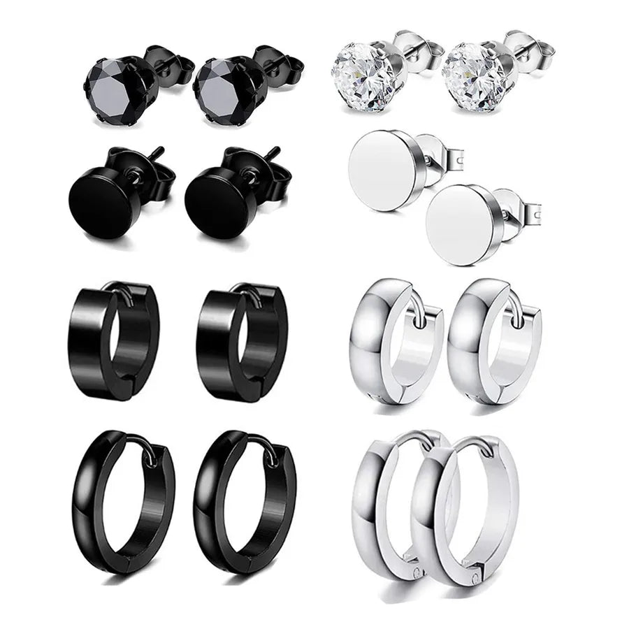 Punk Flowers Stud Earrings for Men in Titanium Steel, Set of 16 Pieces