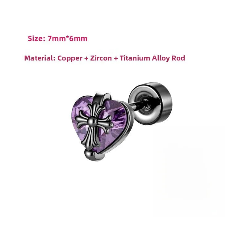 Unisex Heart Shape Copper Ear Cartilage Rings & Studs with Claw Setting and Purple Zircon Inlay