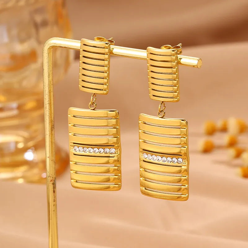 Gold Rectangle Stud Earrings For Women Featuring Titanium Steel and 304 Stainless Steel Posts with Rhinestones Inlay