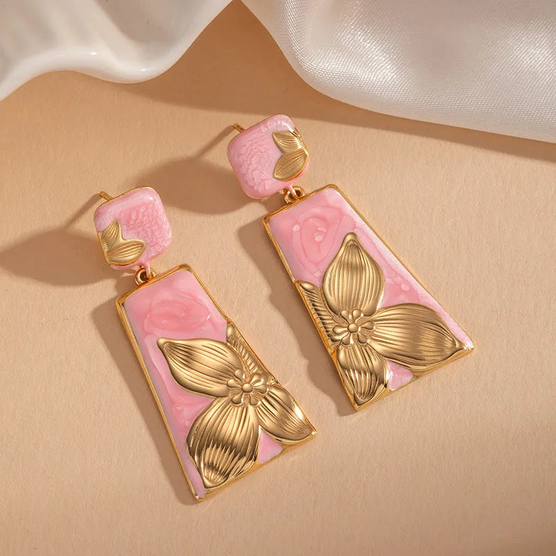 Exaggerated Flowers Stud Earrings for Women in White Titanium Steel with Carving Craft